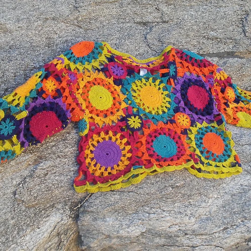Colorful Vintage Crocheted Top, Boho Sweater, Hippie Style